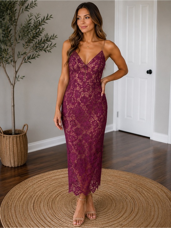 Dress the Population Dresses & Skirts - Dress the Population Lace Midi Cocktail Dress XS Plum Floral NWOT Wedding Guest